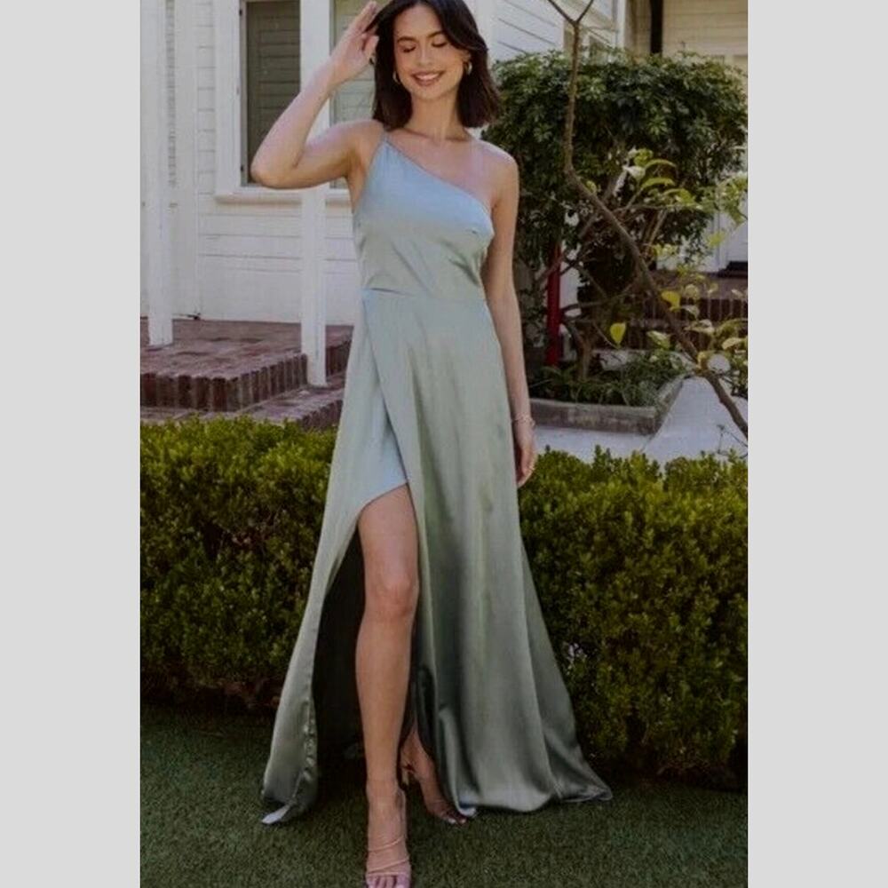 One-Shoulder Sage Green Evening Dress